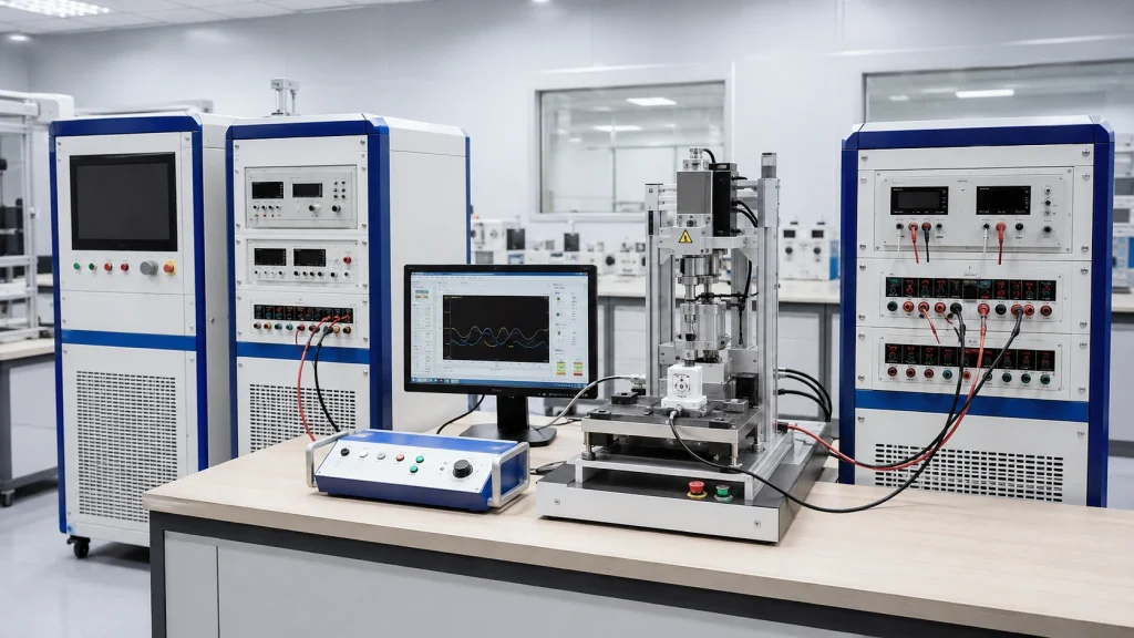 Integrated appliance switch testing system with programmable power sources, load equipment and mechanical actuator