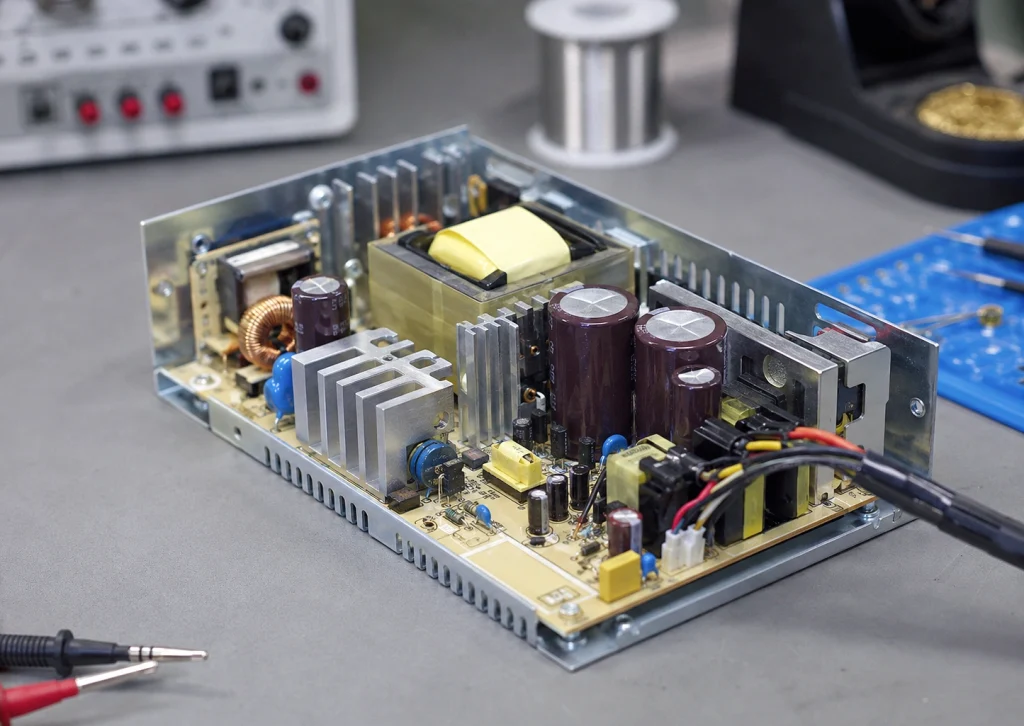 Australia and New Zealand Adopt IEC 62368-1 Edition 4: What Manufacturers Need to Know 4 Open-frame power supply showing transformer, PCB and insulation construction for IEC 62368-1 safety evaluation