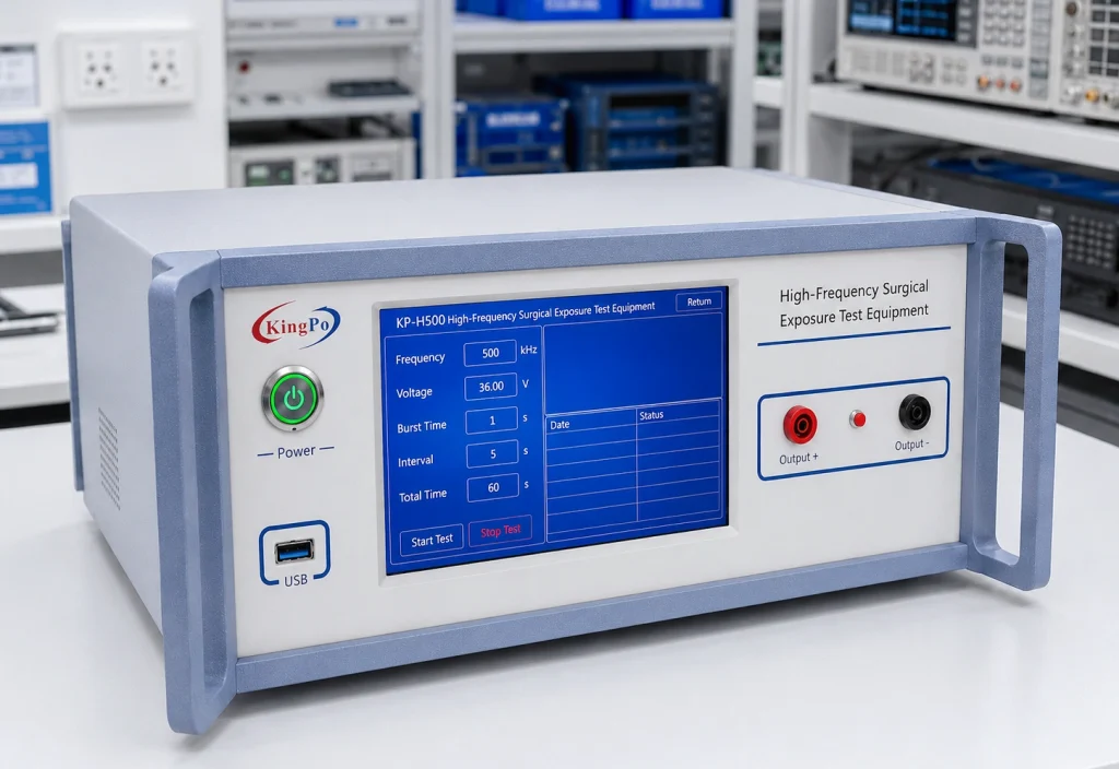 Front view of KINGPO KP-H500 500 kHz high-frequency surgical exposure test equipment with touchscreen control