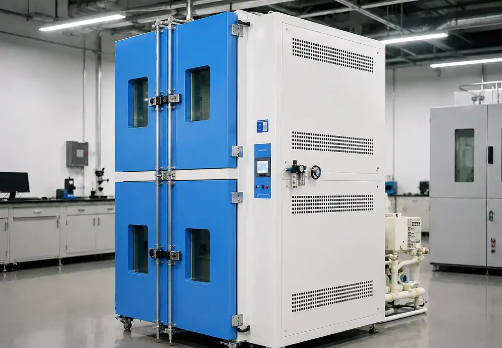 Side view showing the KP-1023 chamber body, control system and laboratory installation.