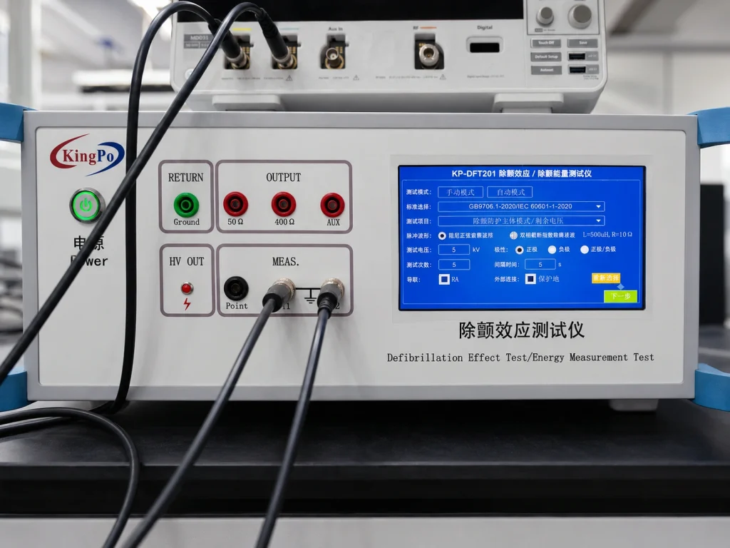 Close-up of the KP-DFT201 front panel with touchscreen, high-voltage output and measurement terminals