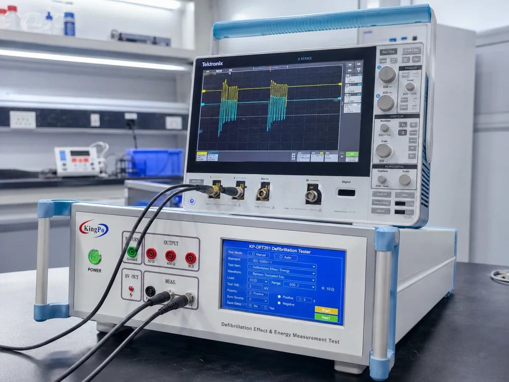 Three-quarter laboratory view of the KP-DFT201 defibrillation tester and oscilloscope