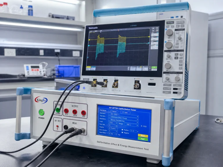 Three-quarter laboratory view of the KP-DFT201 defibrillation tester and oscilloscope