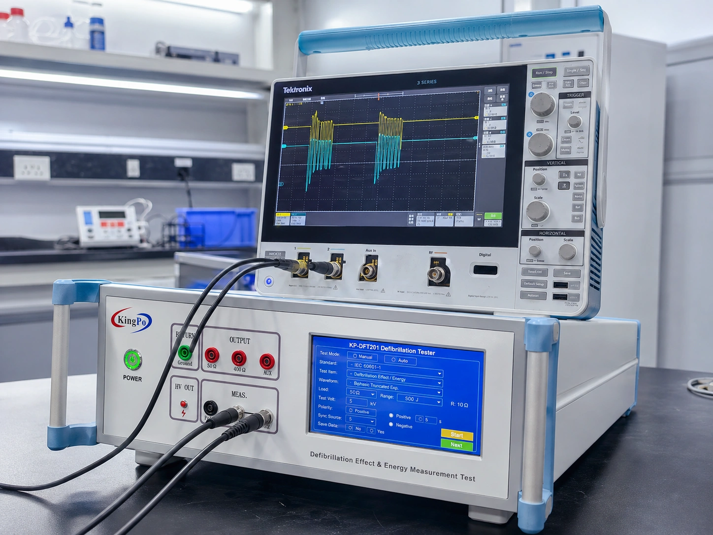 Three-quarter laboratory view of the KP-DFT201 defibrillation tester and oscilloscope