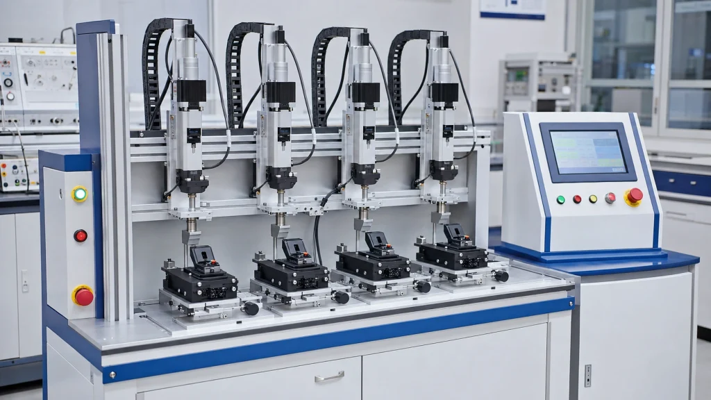 Multi-station appliance switch endurance tester with servo actuators and customized DUT fixtures