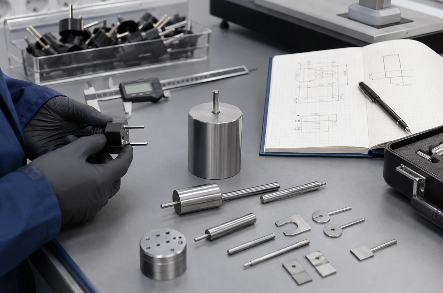 Plug dimensional inspection with caliper and DIN VDE 0620-1 gauges on a metrology workbench