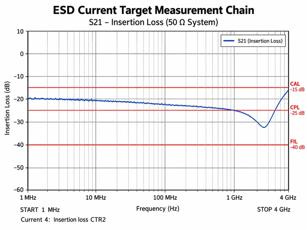 S21 insertion loss curve for ESD current target measurement chain up to 4 GHz