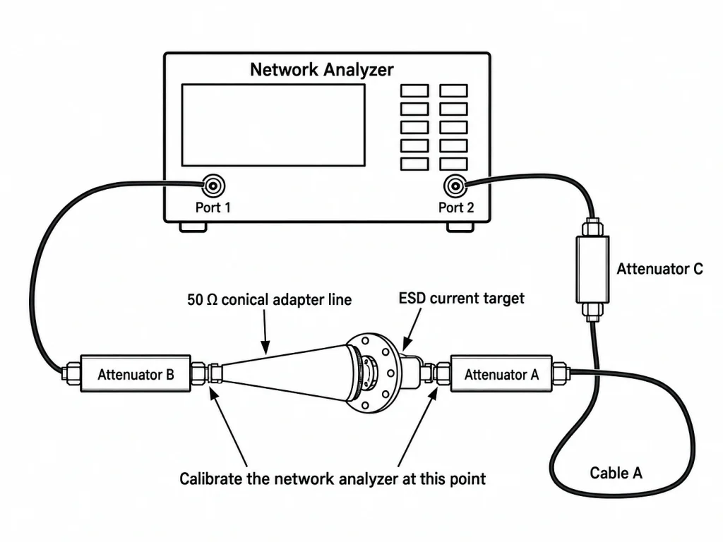 Network analyzer setup for ESD current target verification with 50 ohm conical adapter and attenuators