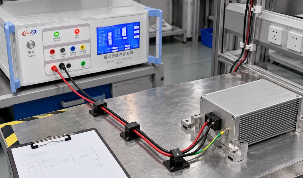 IEC 61000-4-5 surge test diagnostic setup with KP-3950S, EUT connections and grounding