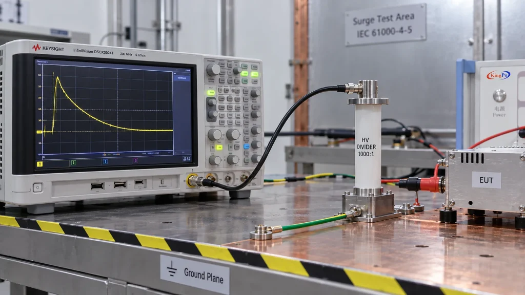 IEC 61000-4-5 surge waveform verification using oscilloscope and high voltage divider