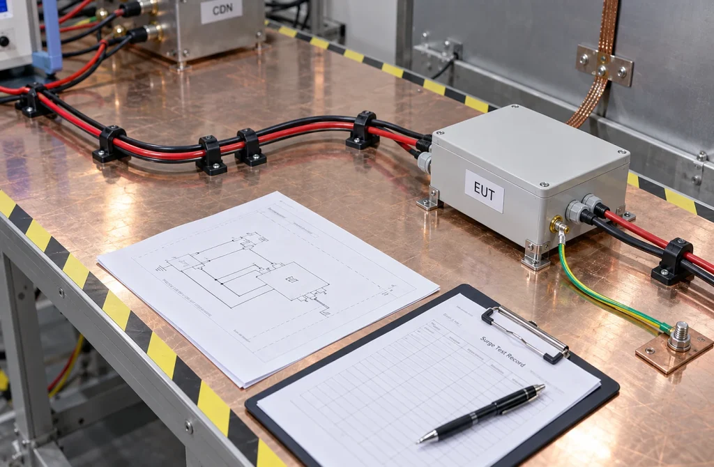 IEC 61000-4-5 test repeatability with EUT cable routing connection diagram and test record
