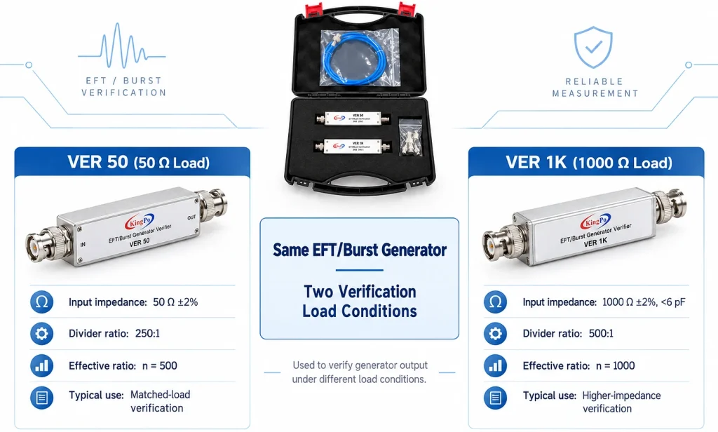Comparison of 50 Ω and 1000 Ω verification loads for IEC 61000-4-4 EFT/Burst generator verification