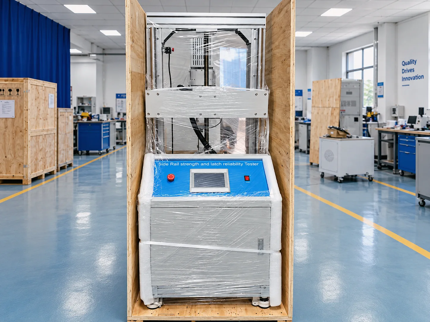 KingPo medical bed side rail strength tester prepared for delivery to a German testing laboratory