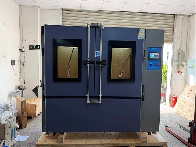KingPo Ships JIS D0207 F2 Dust Chamber to Automotive Testing Organization in Indonesia 1 Front view of KingPo KP-JIS27-1500 JIS D0207 F2 Dust Chamber featuring dual observation windows and a touchscreen control panel.