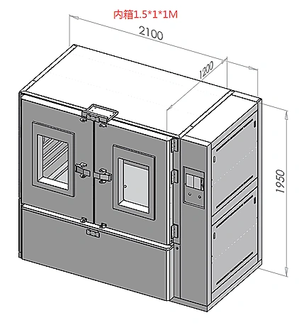 KingPo Ships JIS D0207 F2 Dust Chamber to Automotive Testing Organization in Indonesia 3 3D engineering drawing of the KingPo JIS D0207 F2 Dust Chamber showing dual doors, viewing windows, control cabinet and external dimensions.