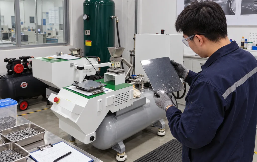 Laboratory engineer inspecting stone-chip damage on a dark automotive coating test panel after impact testing