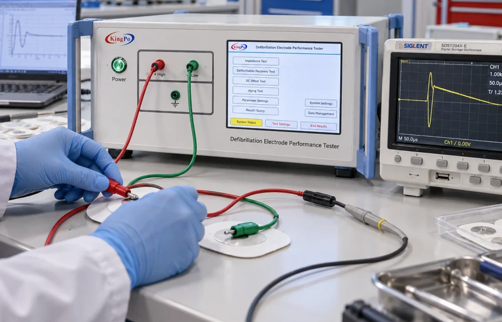 IEC 60601-2-4 Amendment 2:2026 Published — What Defibrillator Testing Laboratories Should Review 2 Laboratory technician connecting test leads to defibrillation electrode samples during performance evaluation