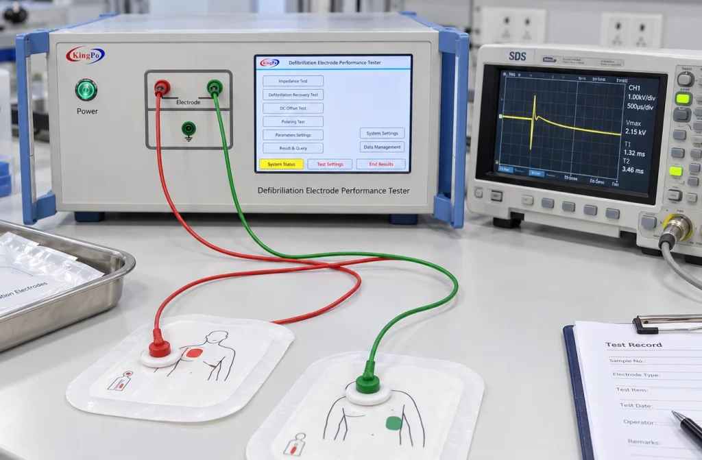 IEC 60601-2-4 Amendment 2:2026 Published — What Defibrillator Testing Laboratories Should Review 3 Two disposable defibrillation electrode pads connected to the KINGPO electrode performance testing system on a laboratory bench