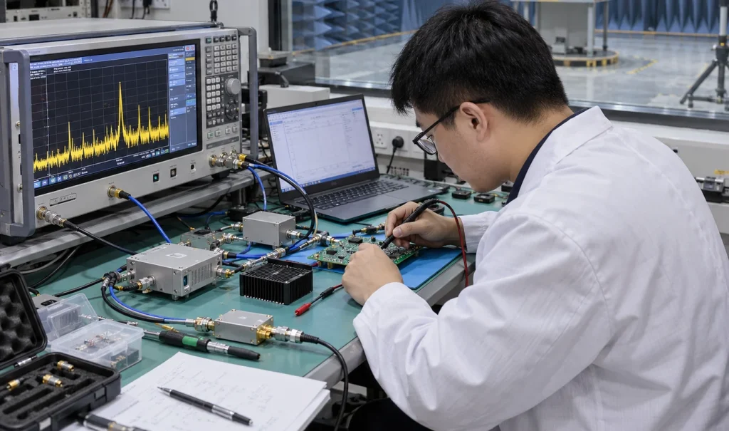 Q4 2026 Engineering Update: How We Approach IEC & ISO Test Equipment Selection 4 Chinese engineer verifying an EMC test setup with spectrum analyzer and RF test fixtures