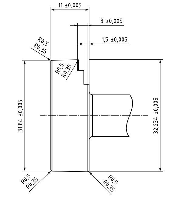 ISO 10651-4 KP-10651P plug gauge technical drawing showing 31.840 and 32.234 mm reference diameters with dimensional tolerances and stepped geometry