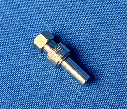 KINGPO KP-8637F4 stainless steel cone reference connector with precision-machined tapered mating surface and hexagonal connection section for ISO 8637-2 blood socket testing.