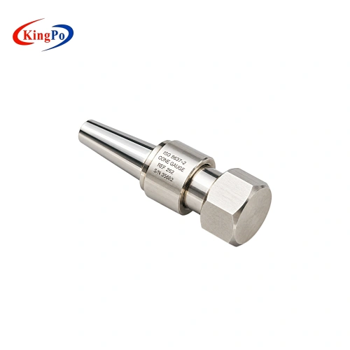 Precision stainless steel blood socket reference connector featuring a machined conical interface and hexagonal mounting section for medical connector testing.