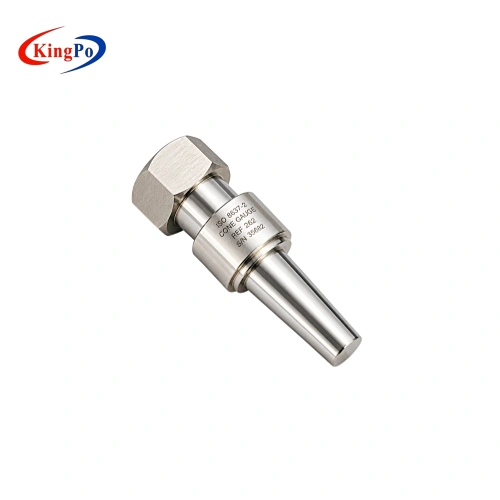 Stainless steel conical reference connector for blood circuit testing, showing the precision mating cone and hexagonal connection section used in laboratory setups.
