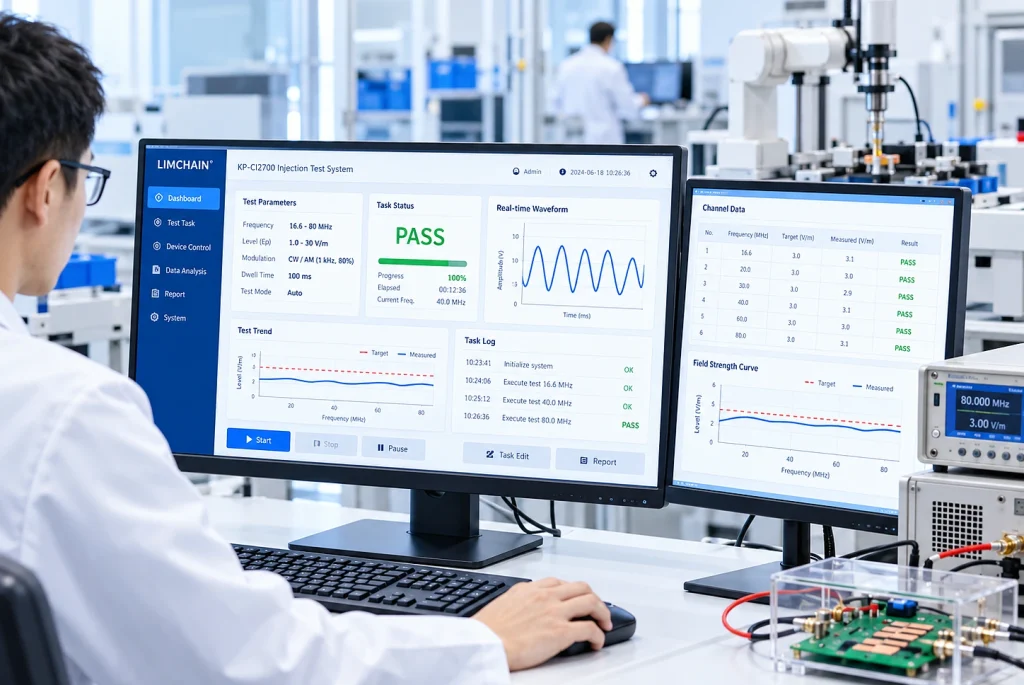 KingPo to Showcase Brain-Computer Interface and Implantable Medical Device Testing Solutions at CMEF 2026 4 Illustrative computer workstation displaying automated test sequences, field measurements and waveform monitoring for cochlear implant immunity testing.