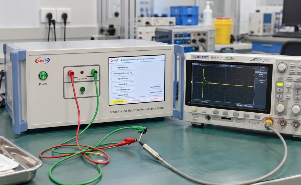 IEC 60601-2-4 Amendment 2:2026 Published — What Defibrillator Testing Laboratories Should Review 1 KINGPO defibrillation electrode performance tester with oscilloscope and connected test leads on a laboratory bench