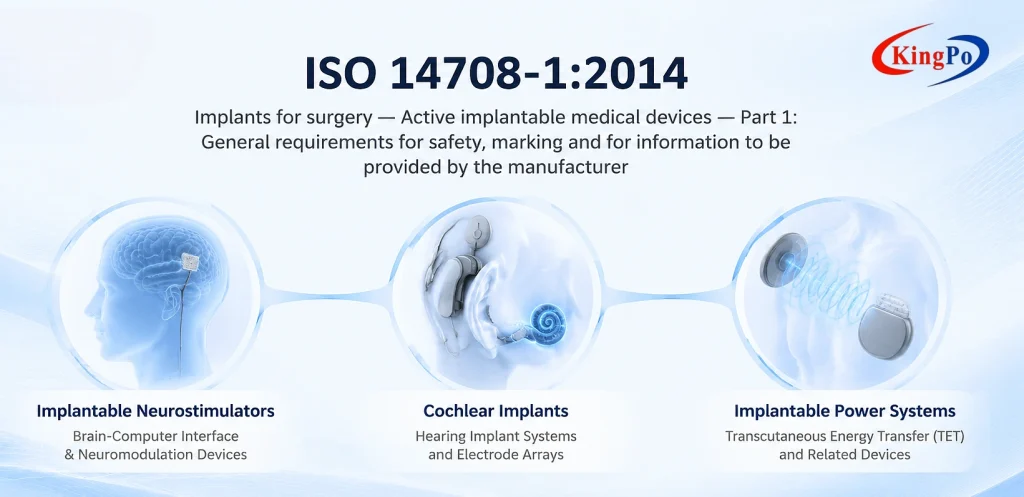 KingPo to Showcase Brain-Computer Interface and Implantable Medical Device Testing Solutions at CMEF 2026 2 KingPo medical device testing banner illustrating ISO 14708-1:2014 and active implantable medical devices.