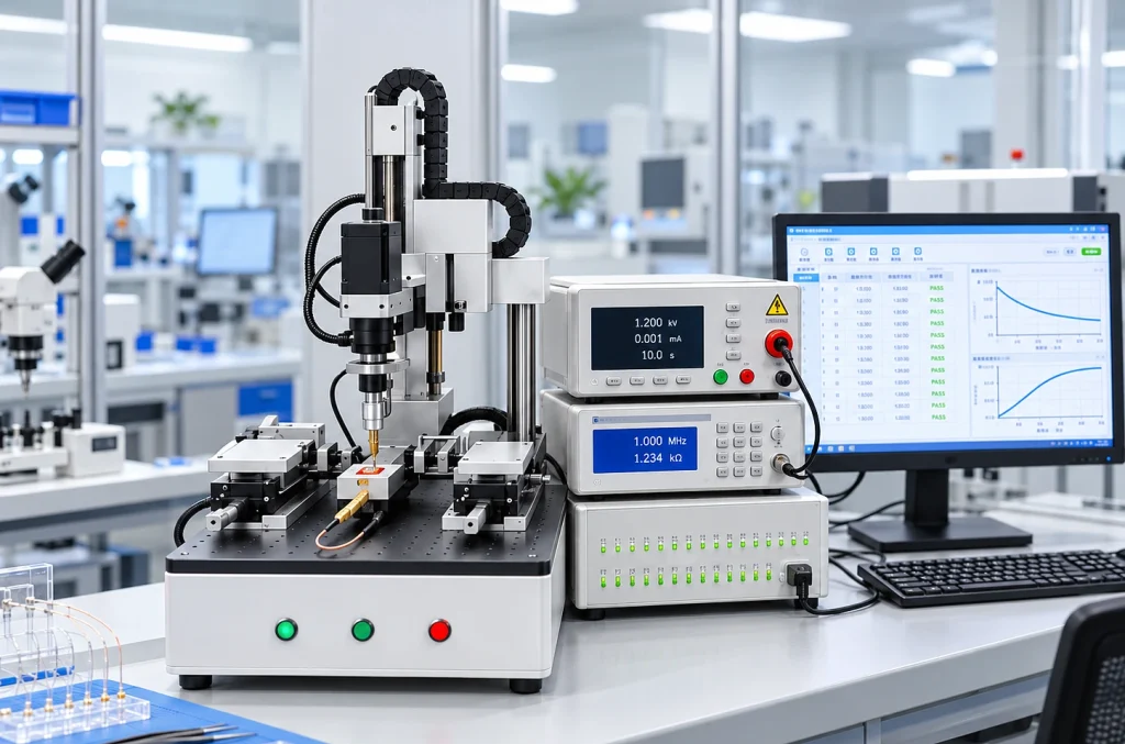 KingPo to Showcase Brain-Computer Interface and Implantable Medical Device Testing Solutions at CMEF 2026 6 Illustrative automated cochlear implant electrode test workstation with precision positioning equipment, electrical test instruments and computer monitoring.