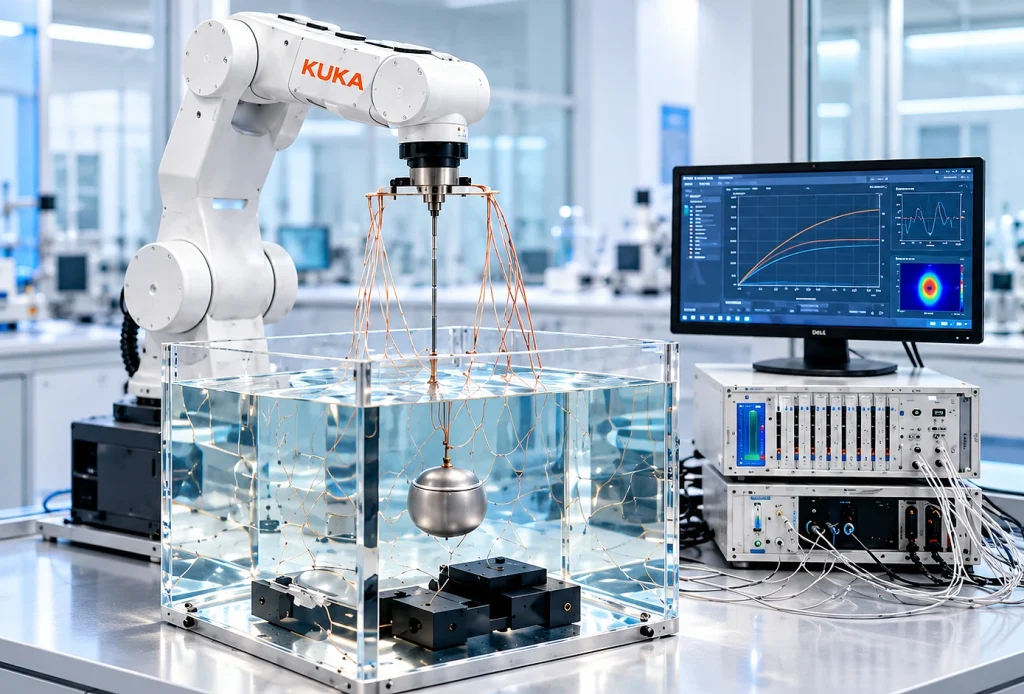 KingPo to Showcase Brain-Computer Interface and Implantable Medical Device Testing Solutions at CMEF 2026 5 Illustrative TET thermal testing setup with robotic positioning, a water bath, temperature sensors and measurement software.