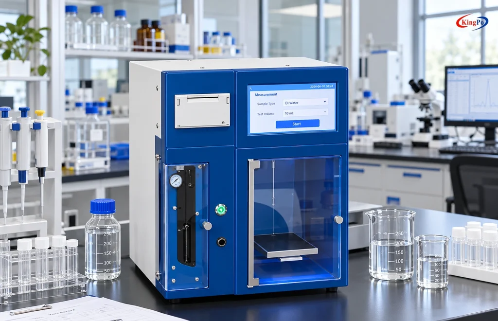 Liquid particle counter in a laboratory for medical device particulate matter testing related to ISO 14708-7:2019 Clause 14.2.