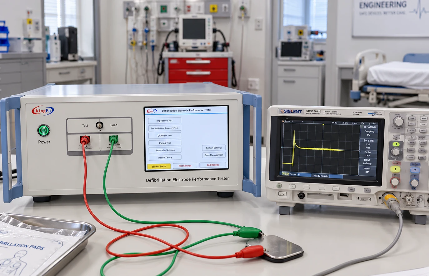 Biomedical testing laboratory with KINGPO electrode performance tester, oscilloscope and medical electrical equipment
