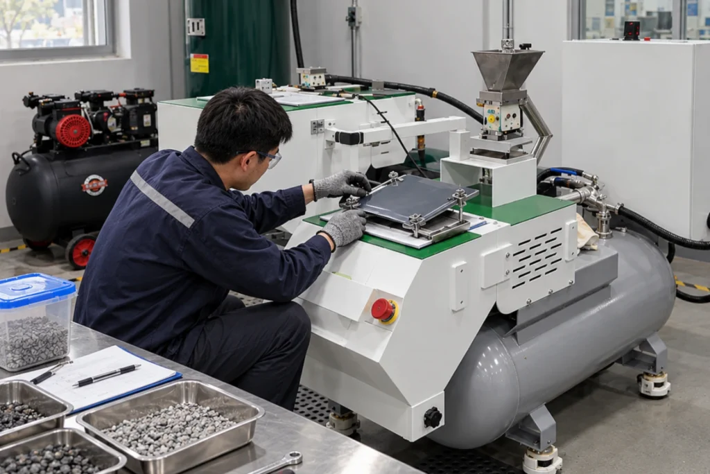 Technician positioning a coated metal specimen in the mounting fixture of a stone chip resistance tester