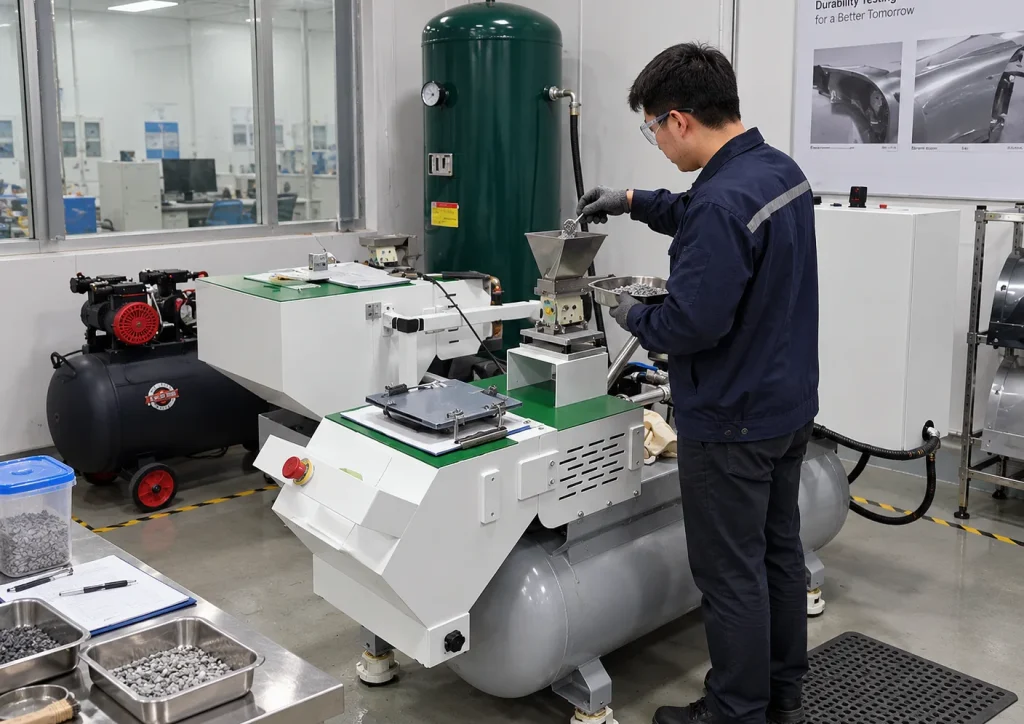 Laboratory technician loading stone impact media into the automatic feeder of a stone chip resistance testing system